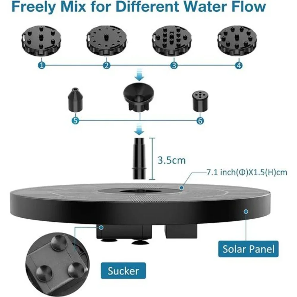 3.5W Solar Fountain, Solar Powered Fountain Pump with 6 Nozzles, Solar Birdbath